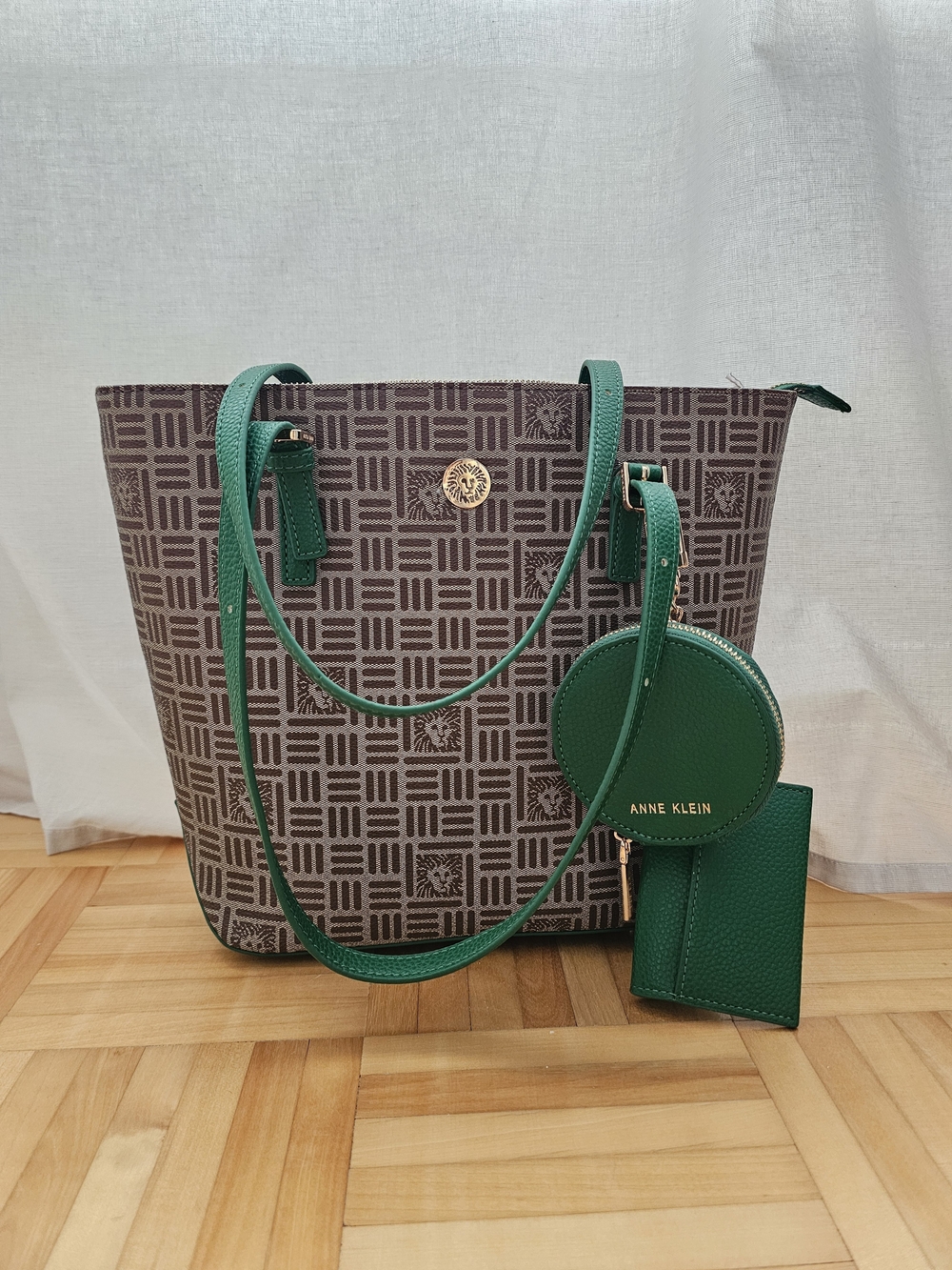 Anne Klein Green-Trim Monogram Tote with Coin Pouch